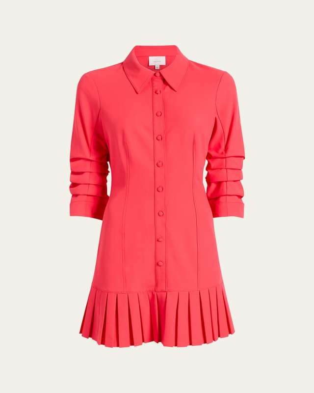 Lucilla Topstitched Pleated-Hem Mini Shirtdress